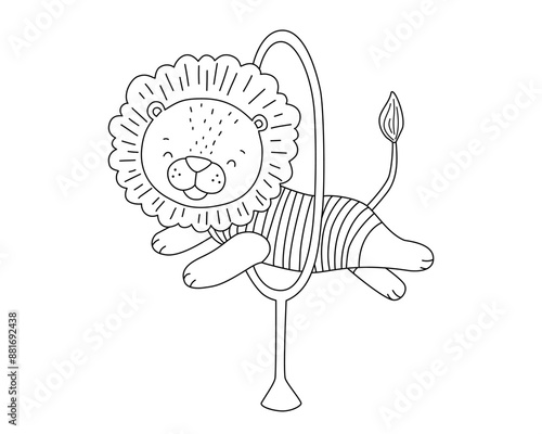 Outline cute circus lion. Funny animal. Hand drawn isolated line illustration for coloring book