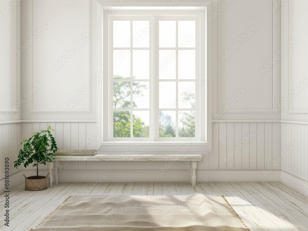 White empty room with green landscape in window. Scandinavian interior design. White empty room with green landscape in window. Scandinavian interior design.