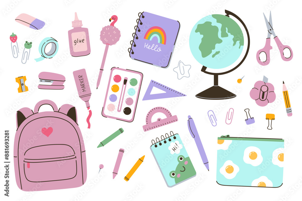 Set of cute school supplies isolated on white background. Vector graphics. Set of cute school supplies isolated on white background. Vector graphics.