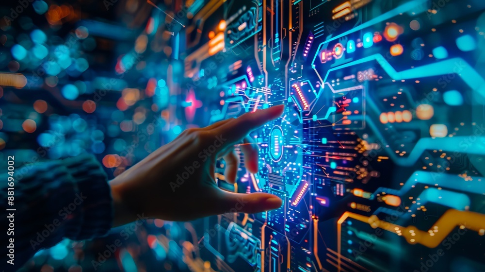 A hand touching a digital interface. A hand touching a digital interface.