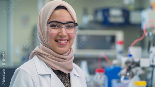 Muslim Woman in Lab Coat and Safety Glasses Shows Confidence and Expertise in Scientific Research Environment