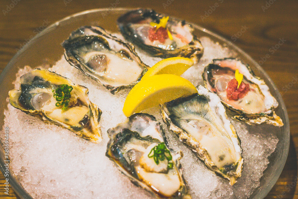 raw oysters with LEMON & TABASCO, SHALLOTS & RED WINE VINAIGRETTE, YUZU PONZU, DAIKON & SCALLION raw oysters with LEMON & TABASCO, SHALLOTS & RED WINE VINAIGRETTE, YUZU PONZU, DAIKON & SCALLION