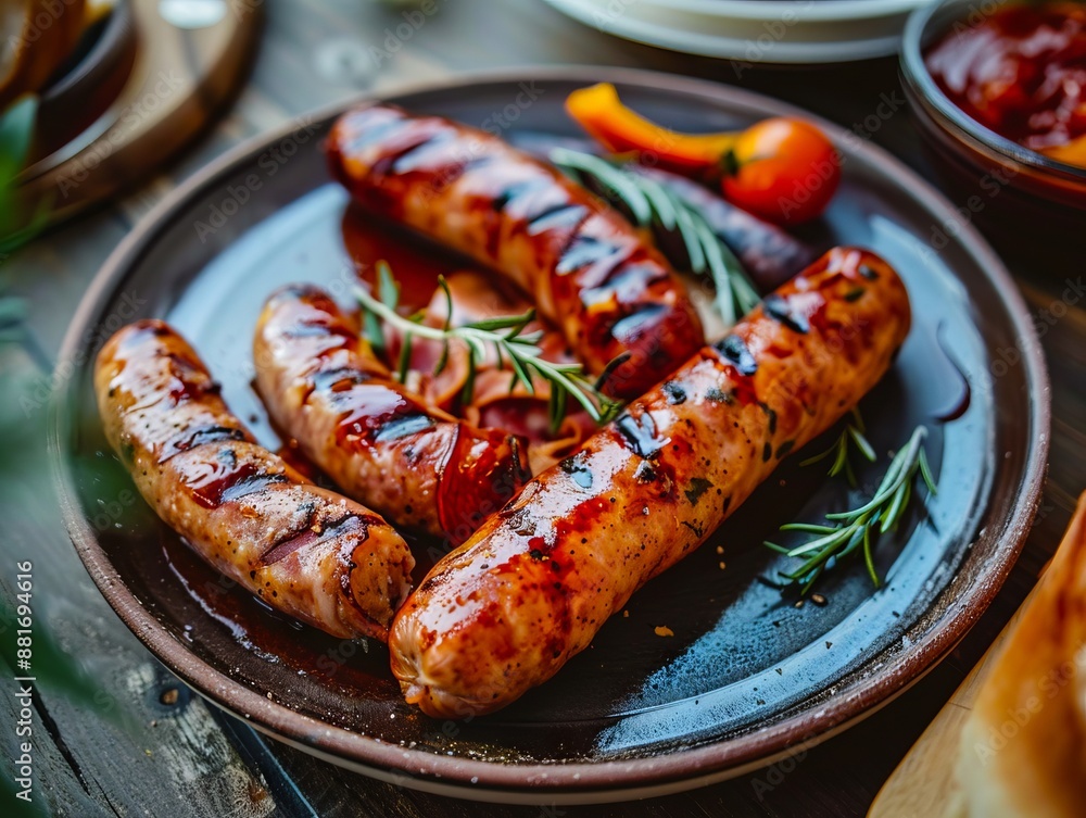A plate of sausages with tomatoes and herbs. A plate of sausages with tomatoes and herbs.