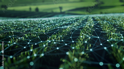 abstract network over the agricultural field to symbolize Precision farming system uses artificial intelligence to optimize crop yields. 
