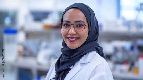 Female Scientist in Hijab Poses with Confidence in Laboratory, Demonstrating Expertise in Scientific Research and Innovation