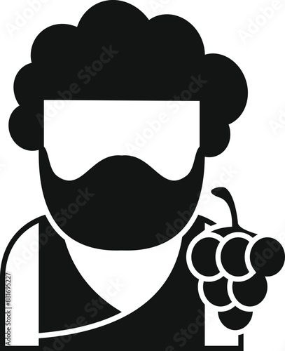 Black and white icon of a greek winemaker holding a bunch of grapes