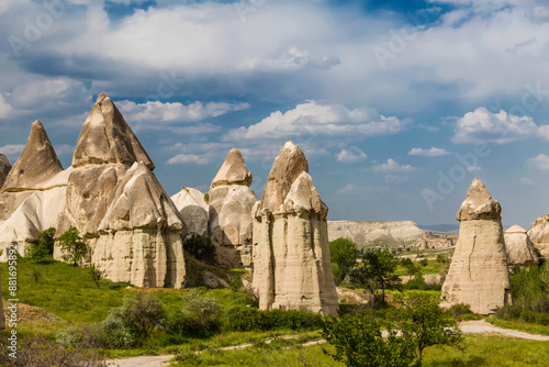 Unique geological formations in Love Valley in Cappadocia, popular travel destination in Turkey