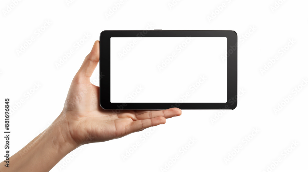 tablet computer isolated in a hand like ipades on the blank screen background