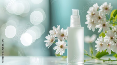 Refreshing White Facial Toner Bottle on Blurred Background - Skincare Beauty Product Concept © Sirathee