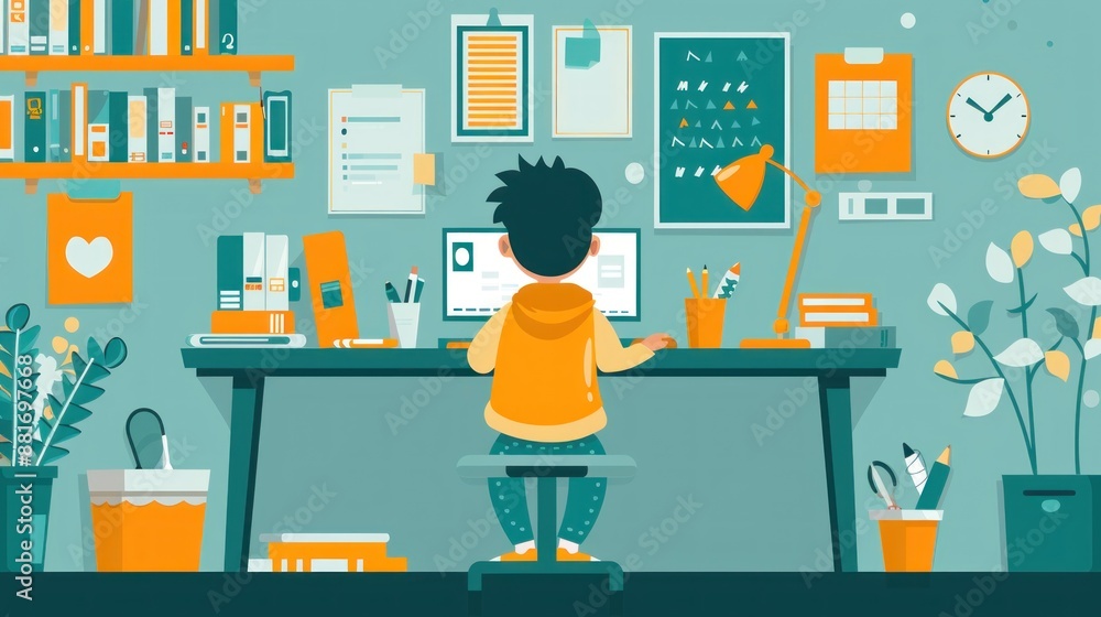 A boy is sitting at a desk with a computer and a clock on the wall A boy is sitting at a desk with a computer and a clock on the wall