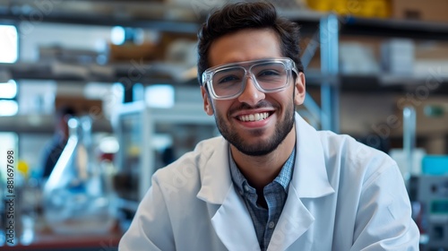 Portrait of Smiling Scientist in Lab Coat and Safety Glasses, Surrounded by Laboratory Equipment and Innovation © Art Genie