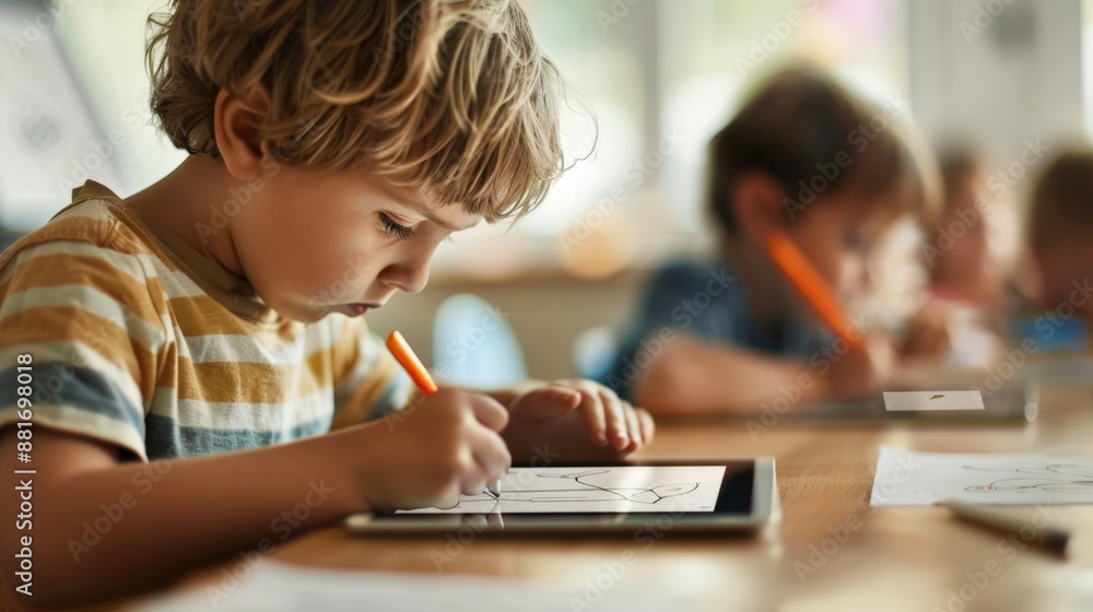 Creative Gen Alpha Children Engaging in Digital Art with Tablets and Styluses in Modern Classroom for Creative Education Creative Gen Alpha Children Engaging in Digital Art with Tablets and Styluses in Modern Classroom for Creative Education