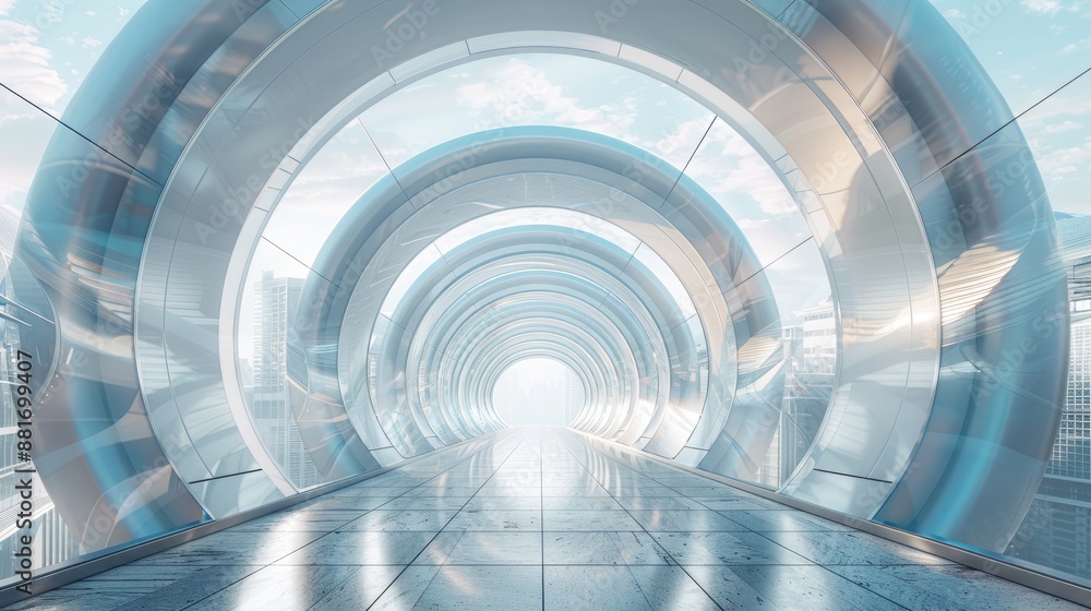 A futuristic, sleek walkway with arches and glass walls, leading to a bright, modern cityscape in the background A futuristic, sleek walkway with arches and glass walls, leading to a bright, modern cityscape in the background