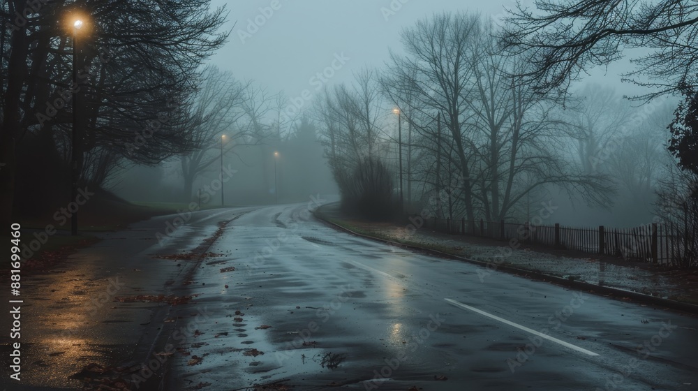 Foggy mornings and wet streets creating a moody atmosphere perfect for atmospheric scenes Foggy mornings and wet streets creating a moody atmosphere perfect for atmospheric scenes