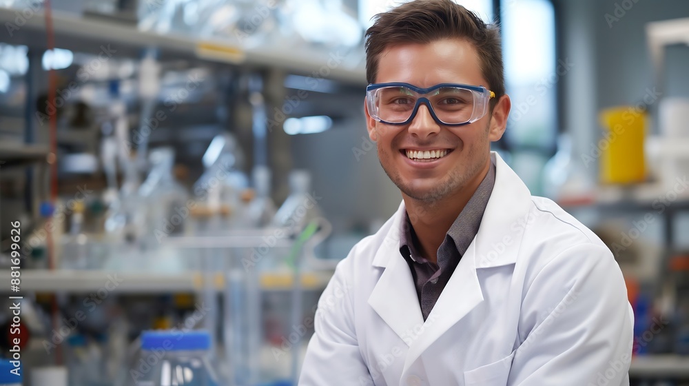 Confident Male Scientist in Lab Coat and Safety Glasses Smiling at Camera in Laboratory Background Reflecting Scientific Expertise and Curiosity Confident Male Scientist in Lab Coat and Safety Glasses Smiling at Camera in Laboratory Background Reflecting Scientific Expertise and Curiosity