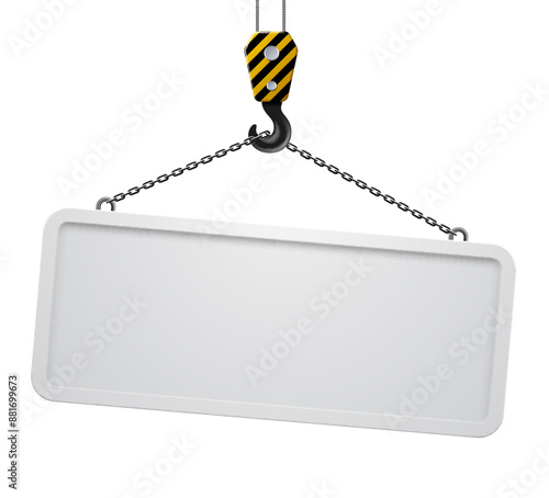A white framed long signboard panel suspended from the modern hook of a lifting construction crane on a chain isolated on white. Vector illustration in 3D 
style