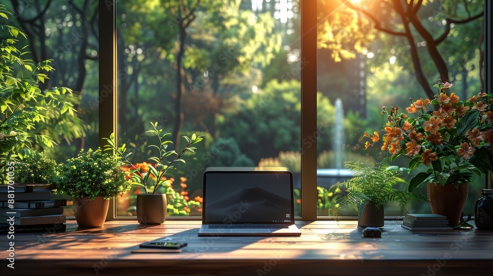 Serene Home Workspace with Nature View - Generative AI Serene Home Workspace with Nature View - Generative AI
