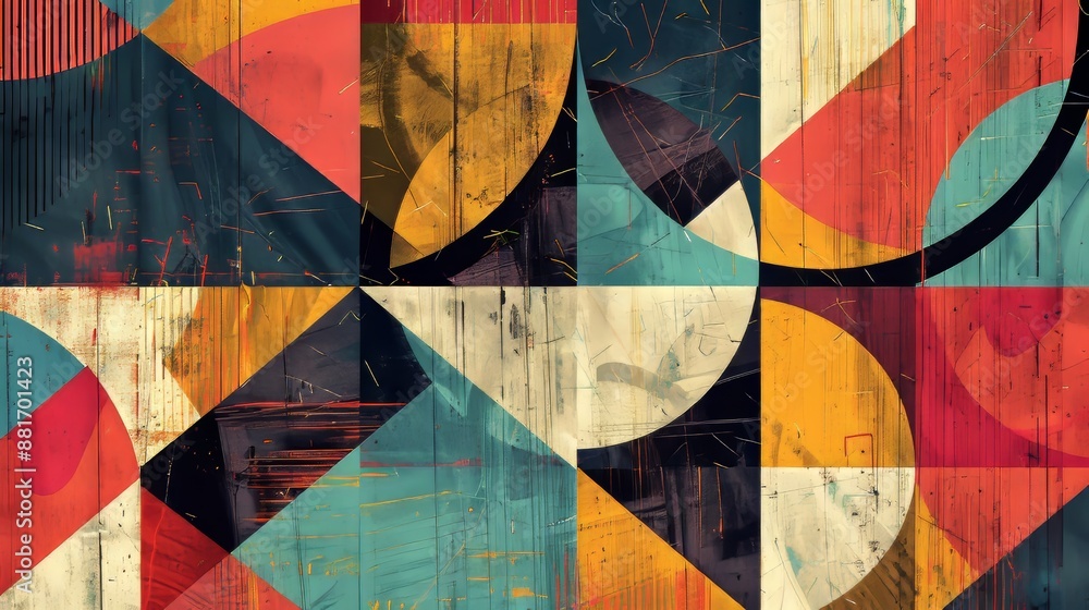 Fototapeta premium Geometric patterns with circles, triangles, squares, and linear designs creating a textured surface