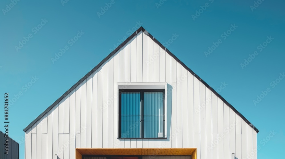 Minimal style white house exterior.Gable roof,glass window and wooden door with blue sky Minimal style white house exterior.Gable roof,glass window and wooden door with blue sky