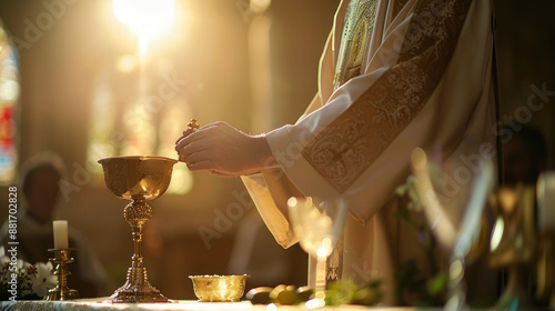 Catholic Eucharist Celebration with Priest breaking the bread for communion photo