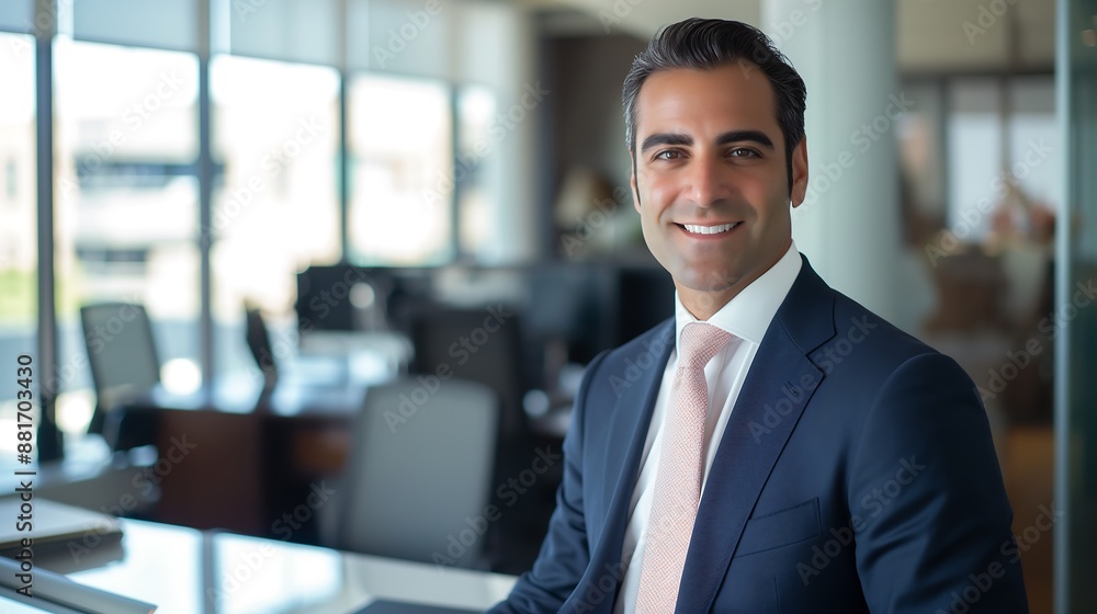 Successful Business Executive in Professional Attire, Smiling Confidently at Workplace Successful Business Executive in Professional Attire, Smiling Confidently at Workplace