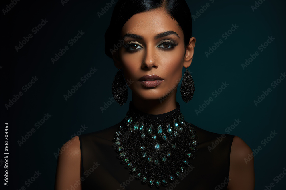An Indian model in an elegant black sequin gown, wearing large emerald earrings and a diamond necklace An Indian model in an elegant black sequin gown, wearing large emerald earrings and a diamond necklace