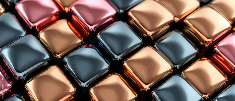 A close up of a colorful array of shiny, metallic cubes A close up of a colorful array of shiny, metallic cubes