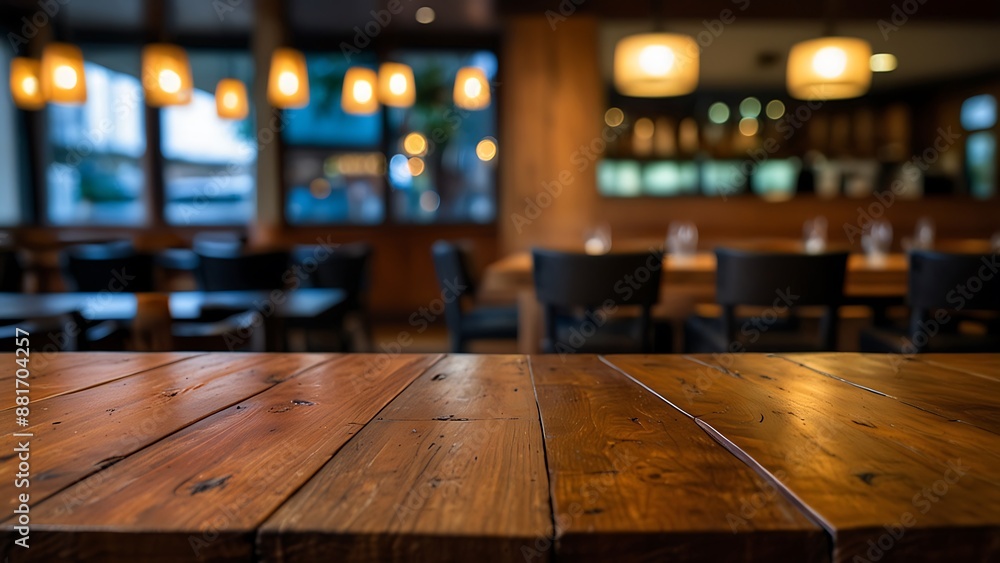 empty wooden table top with Restaurand Background for product display empty wooden table top with Restaurand Background for product display