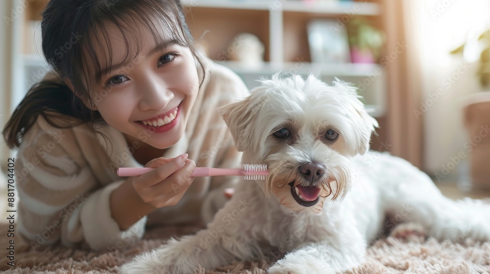 Young female brushing White Maltese dog teeth at home,The process of brushing a dogs teeth,Regular hygienic cleaning of teeth,Pet care concept. Young female brushing White Maltese dog teeth at home,The process of brushing a dogs teeth,Regular hygienic cleaning of teeth,Pet care concept.