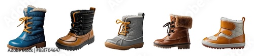 Set of various modern stylish kids winter boots in different colours isolated on transparent background. Generative AI	