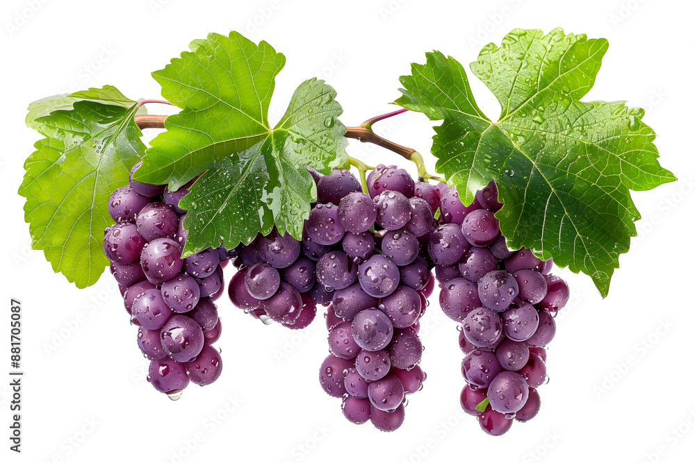 Fototapeta premium Closeup view of purple grapes hanging on the vine with green leaves, isolated on a white transparent background.