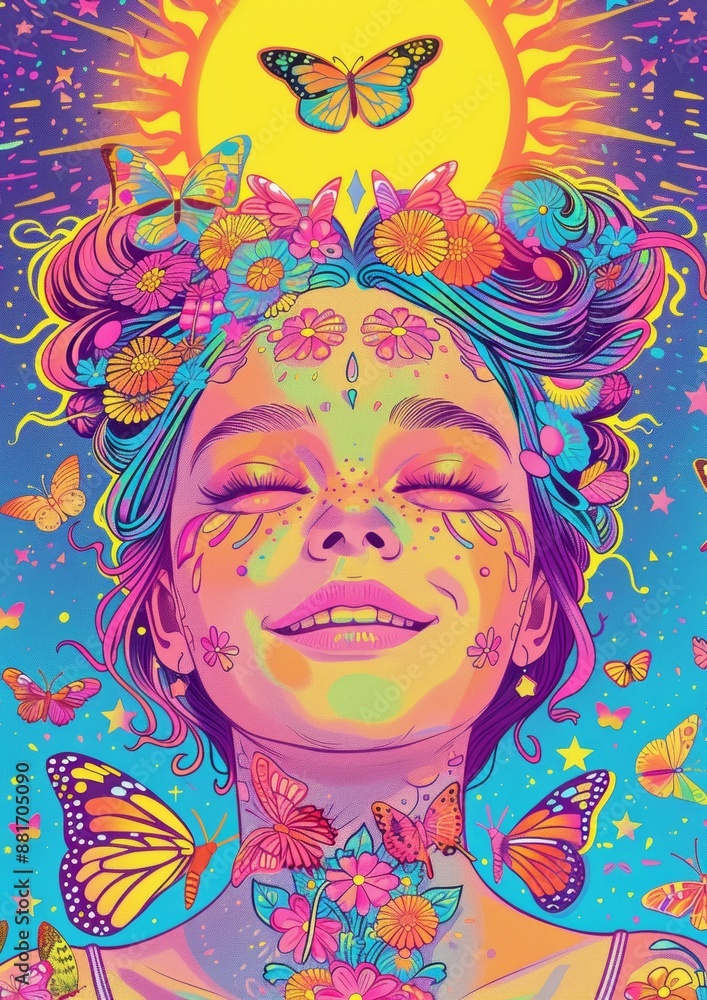 Fototapeta premium A colorful tarot card of a skeleton woman with pastel hair and butterflies, smiling suns in the background, rainbow colors, detailed in the style of colored pencil on paper, hyper-detailed.