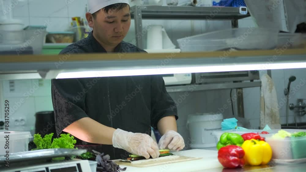 Professional sushi chef cooking rolls laying salmon fillet, cucumber, nori sheet and rice on bamboo mat in restaurant kitchen. Professional sushi chef cooking rolls laying salmon fillet, cucumber, nori sheet and rice on bamboo mat in restaurant kitchen.