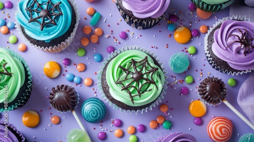 Pastel Chocolate spider cupcakes for a Halloween party,Cupcakes on dark and smoke,Witch hats,white ghosts,Spooky Sweets for kids on Halloween,trick or treat for dessert,copy space.