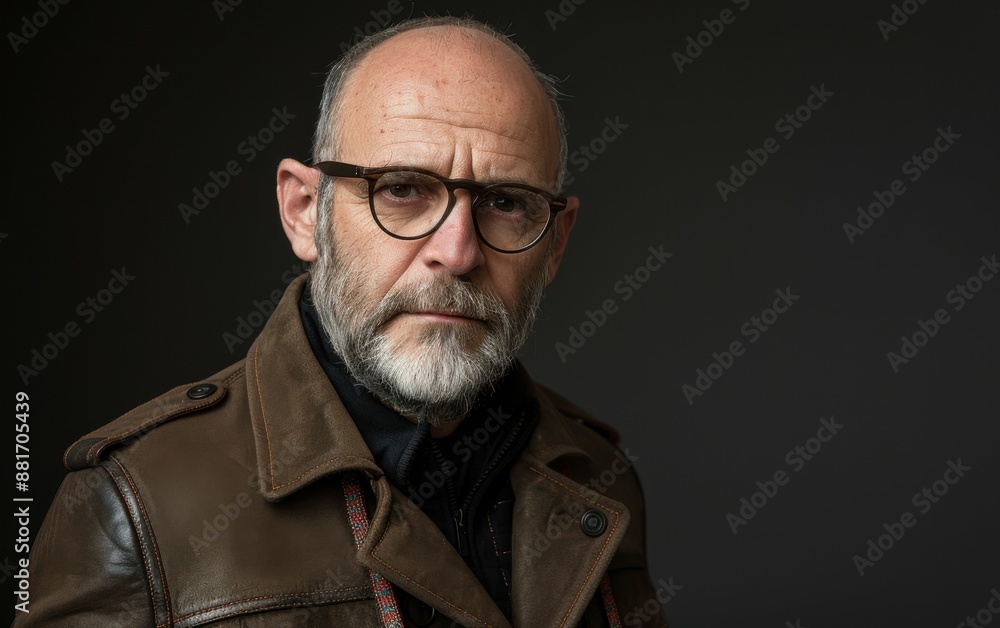 Obraz premium A man with glasses and a beard is wearing a brown jacket. He looks serious and is staring at the camera