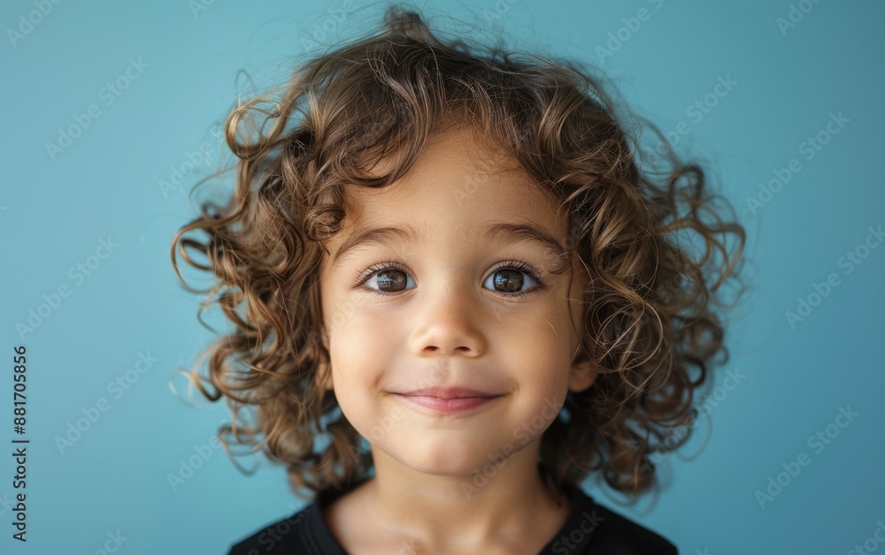 A young girl with curly hair is smiling at the camera. She has a bright blue background behind her A young girl with curly hair is smiling at the camera. She has a bright blue background behind her