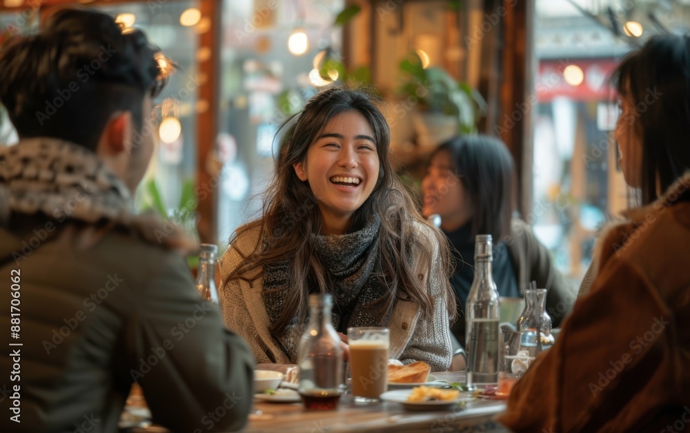 A group of people are sitting at a table in a restaurant, smiling and laughing. The woman in the center is wearing a scarf and she is enjoying her meal. The atmosphere is cheerful and friendly A group of people are sitting at a table in a restaurant, smiling and laughing. The woman in the center is wearing a scarf and she is enjoying her meal. The atmosphere is cheerful and friendly