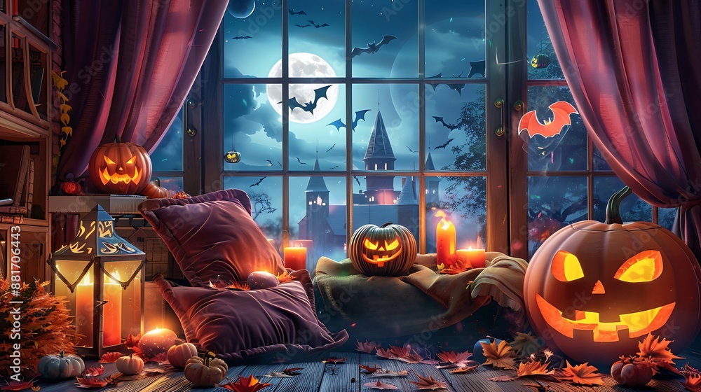 Naklejka premium Jack-O-Lantern Before Haunted House