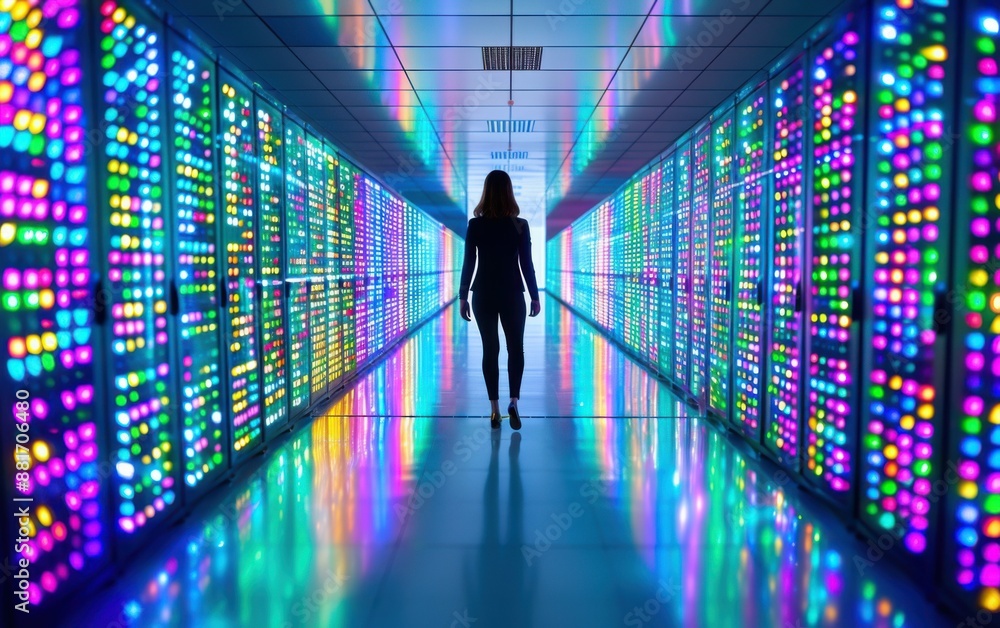 A woman walks through a brightly lit room with many colorful lights. The room is filled with neon lights and the woman is the only person in the scene A woman walks through a brightly lit room with many colorful lights. The room is filled with neon lights and the woman is the only person in the scene