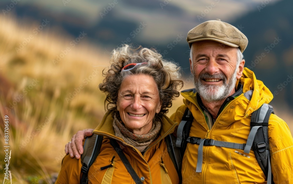 A couple is smiling and posing for a photo on a hill. The man is wearing a yellow jacket and the woman is wearing a scarf A couple is smiling and posing for a photo on a hill. The man is wearing a yellow jacket and the woman is wearing a scarf
