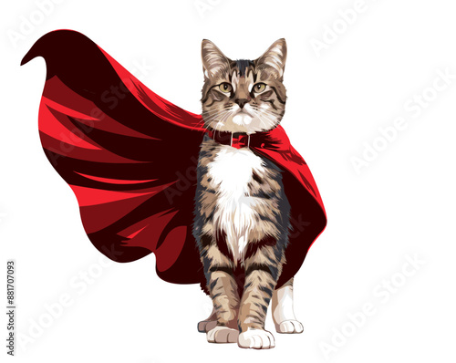 Cat in a heroic standing pose, wearing a majestic red cape, generative ai