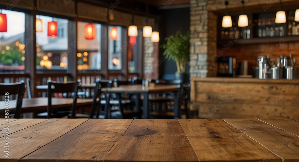 empty wooden table top with Restaurand Background for product display