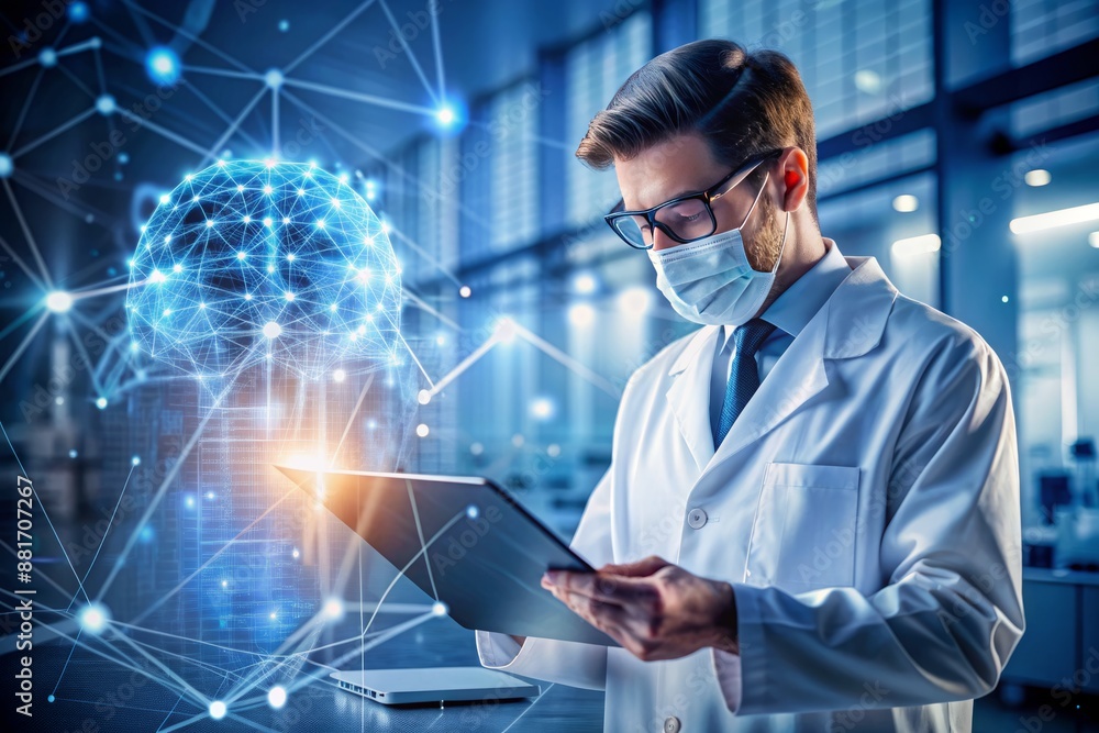 Doctor or technician working with AI data analysis, lab experiment, data science, medical technology, innovation health and medical research, healthcare and medicine concept. Generative AI. Doctor or technician working with AI data analysis, lab experiment, data science, medical technology, innovation health and medical research, healthcare and medicine concept. Generative AI.