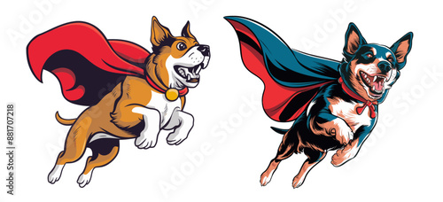 Dog wearing a cape and soaring through the air, Illustration, generative ai
