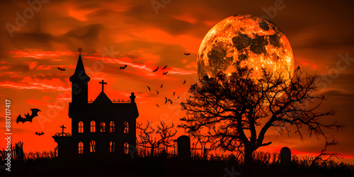 Wallpaper Mural Haunted Mansion Under Blood Moon  Spooky Halloween Night with Creepy Atmosphere, Bats, and Silhouetted Trees Torontodigital.ca