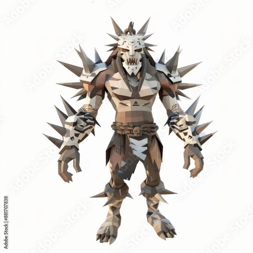 3D Render, Low Poly style of a feral raider with spiked armor and tribal markings, on isolated white background, Generative AI