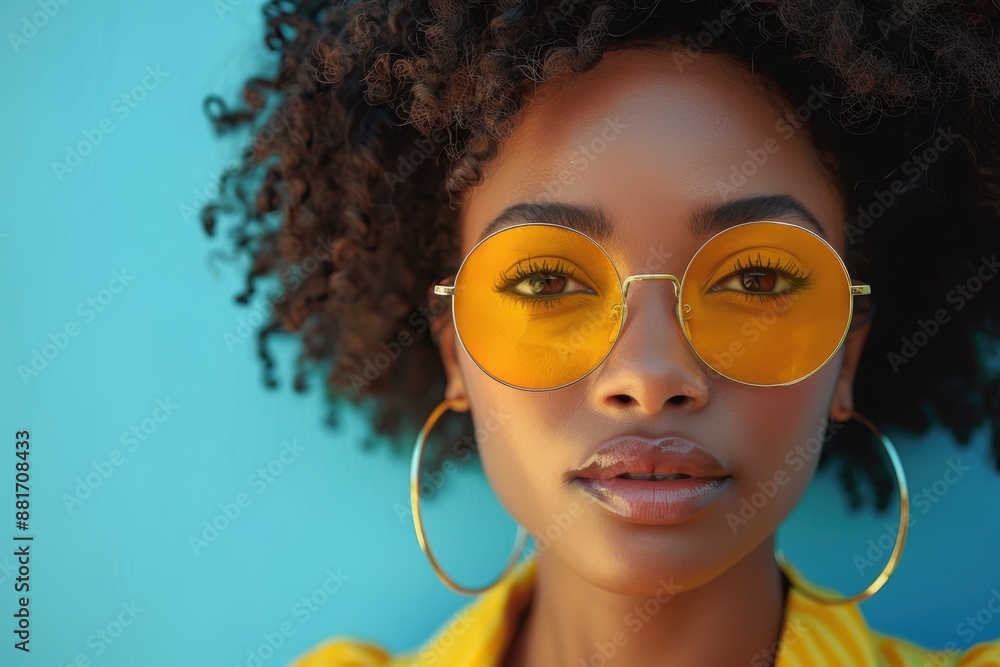 Young woman in yellow sunglasses and bright attire on blue wall Young woman in yellow sunglasses and bright attire on blue wall