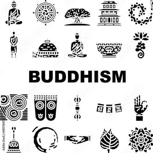 buddhism religion buddha thailand icons set vector. temple asia, religion monk, thai travel, asian statue, culture spiritual, ancient buddhism religion buddha thailand glyph pictogram Illustrations