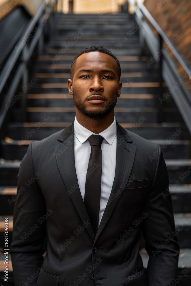 Confident black man in a suit standing on steps, serious expression. Confident black man in a suit standing on steps, serious expression.