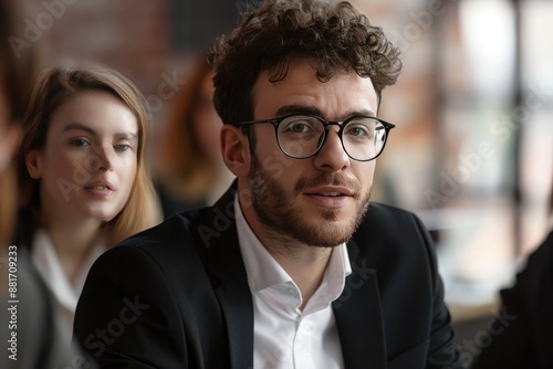 Serious businessman talking to colleagues during meeting in office. Group of businesspeople sitting at table and discussing something. Communication concept